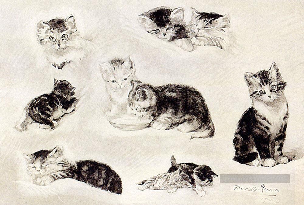 Une étude de chats buvant dormir et jouer Henriette Ronner Knip Peintures à l'huile